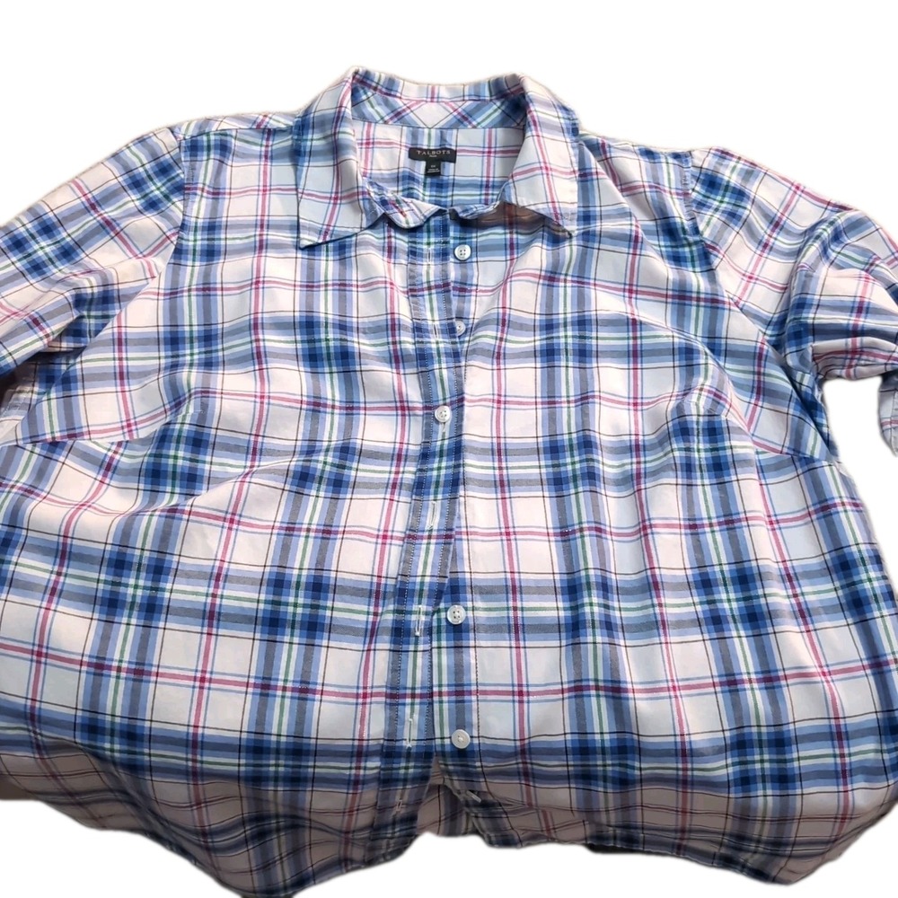 Talbots Women's Size 1X‎ Long Sleeve Plaid With Silver Thread Collared Button Up - Picture 2 of 4